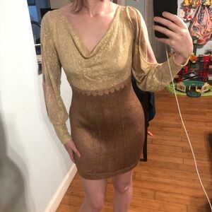 “Casting” y2k Gold mesh mini dress with cowl neck and long sleeves